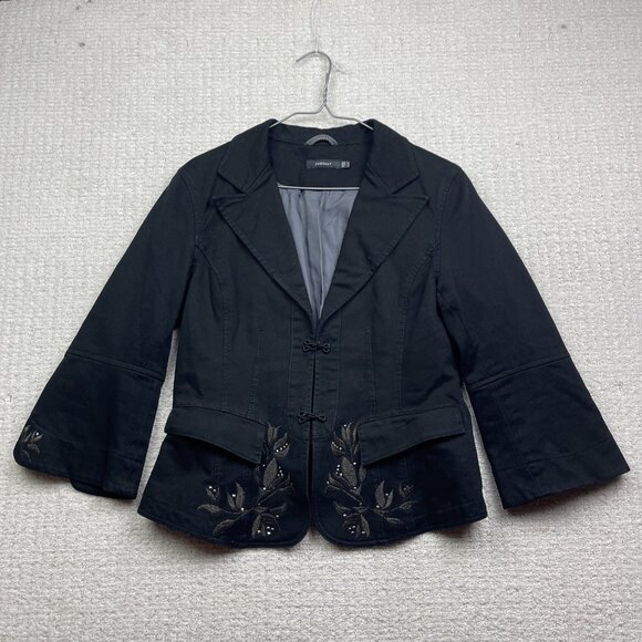 InWear Women's Two Button Blazer Black Boho Folk Cropped Floral Size 14 US - Picture 1 of 14